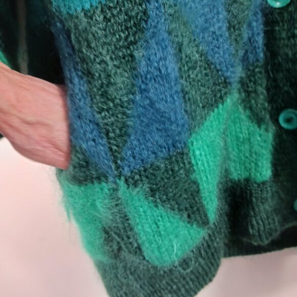 Mohair Label Irish Mohair & Wool Geo Print Cardigan, Greens & Peacock Blue ? Med - Picture 6 of 16